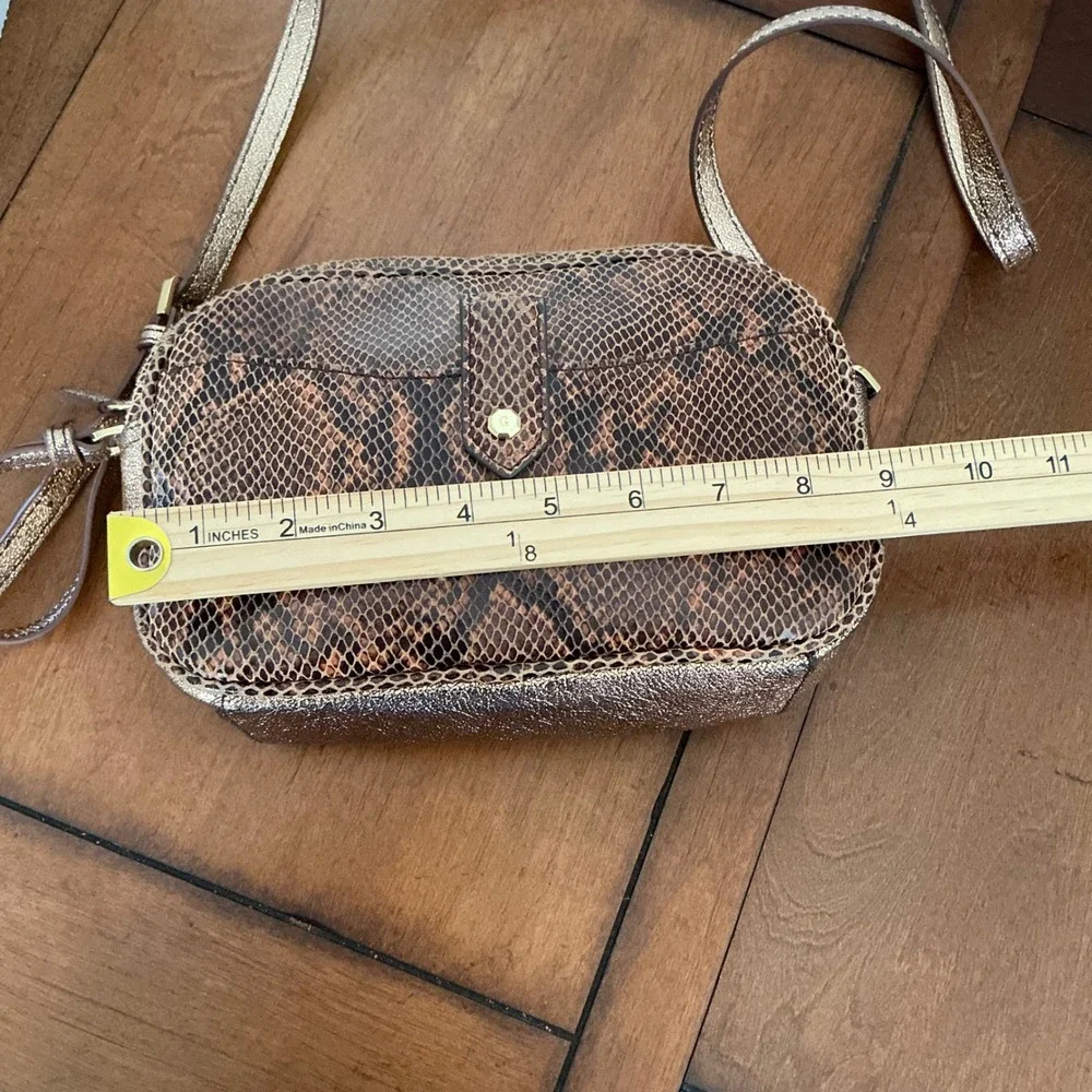 GILI Brown Snakeskin Embossed Leather Camera Bag Metallic Bronze Crossbody Purse - Picture 3 of 7